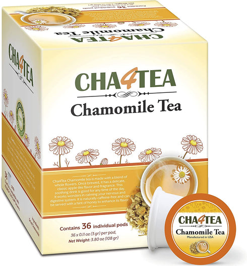 Cha4Tea 36-Count Pure Camomile Herbal Tea Pods for Keurig K-Cup Brewers - Bedtime/Sleep-well/Nightly Calm/Relaxing Tea