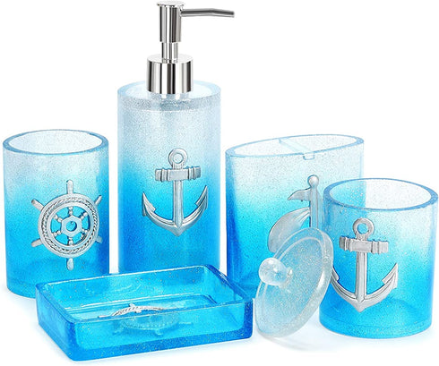Bathroom Accessories Set, 5 PCS Resin Glass Bath Ensemble Set - Soap Dispenser + Soap Dish + Tumble Cup + Toothbrush Holder + Cotton Canister, Modern Bathroom Home Decor, Countertop Vanity Organizer