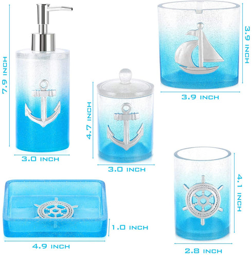 Bathroom Accessories Set, 5 PCS Resin Glass Bath Ensemble Set - Soap Dispenser + Soap Dish + Tumble Cup + Toothbrush Holder + Cotton Canister, Modern Bathroom Home Decor, Countertop Vanity Organizer