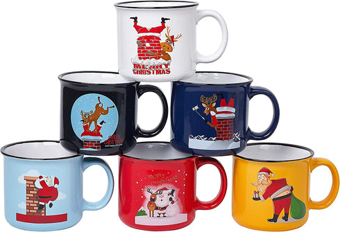 Set of 6 Coffee Mug Set Large-sized 14 Ounce Christmas Theme Ceramic Coffee Mugs - Holiday Funny Novelty Merry Christmas Mugs, Christmas Decoration Christmas Gift
