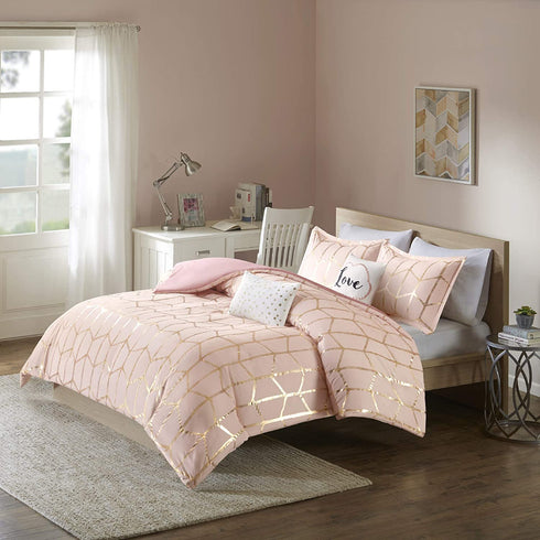 Intelligent Design Raina 5 Piece Metallic Printed Duvet Cover Set, Full/Queen, Blush/Gold