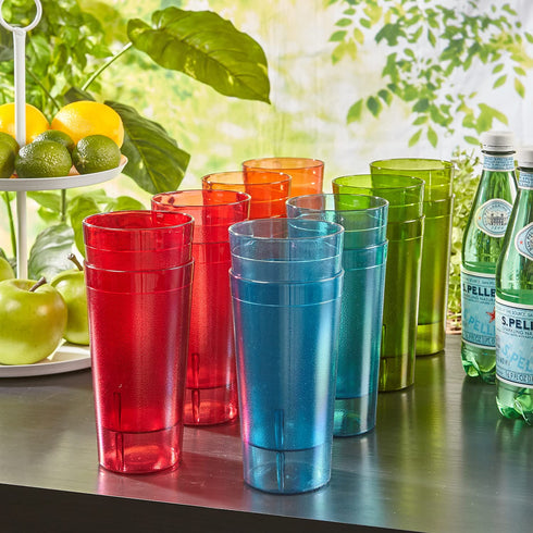 Cafe Break-Resistant Plastic 20oz Restaurant-Quality Beverage Tumblers | Set of 16 in 4 Assorted Colors.