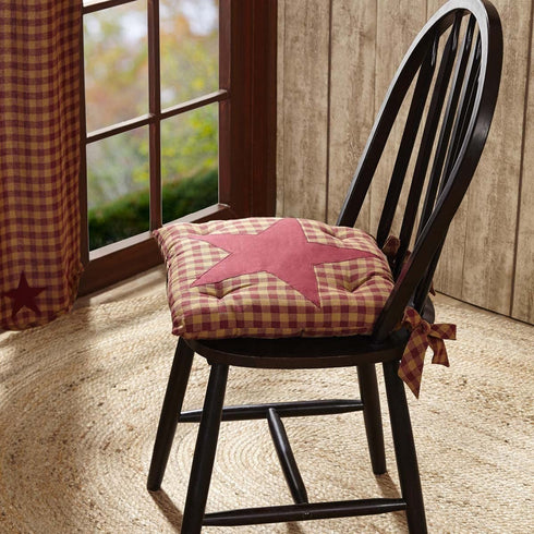 VHC Brands Star Cotton Primitive Tabletop Kitchen Tie Back(s) Appliqued Square Chair Pad, King, Burgundy Red