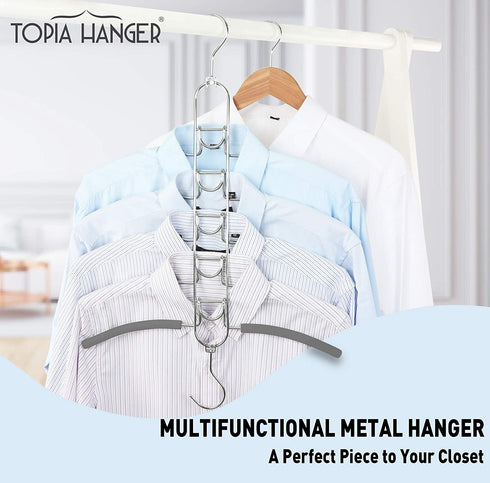 TOPIA HANGER 5 in 1 Multi Layer Clothing Hanger with Anti-Slip EVA Sponge (2 Pack), Duty Space Saving Clothes Metal Hanger, Closet Organizers and Storage for Tank Tops, Shirt,Sweater,Coat- Grey CT25G