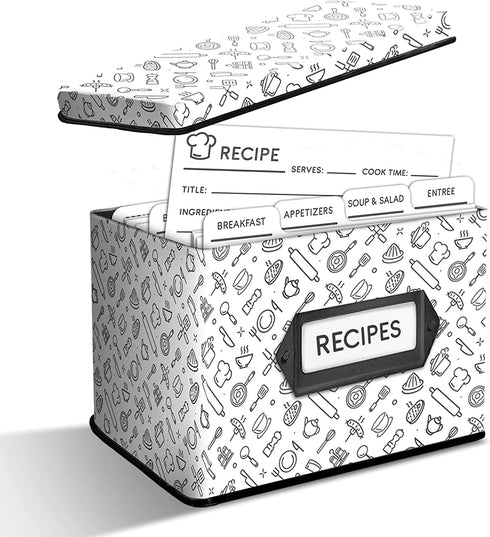recipe box | recipe box with cards | decorative tin box | recipe box includes 24 cards and 12 dividers | gift box | recipe card box