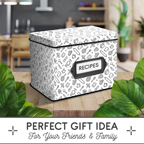 recipe box | recipe box with cards | decorative tin box | recipe box includes 24 cards and 12 dividers | gift box | recipe card box