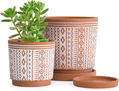 Set of 2 Terracotta Pots, 4 Inch & 6 Inch, Planter Pots for Plants with Drainage Holes and Saucers, Terracotta/White, Small, 31-958-A-1