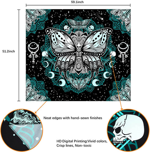 Death Moth Tapestry Skull Tapestry Butterfly Tapestry Gothic Skeleton Tapestry Blue Mandala Tapestry Wall Hanging for Room(51.2 x 59.1 inches)