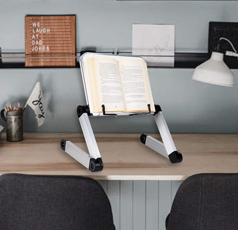 Mind Reader Collapsible Bookstand with Page Holders, Lap Desk with Adjustable Legs, Customizable Angles for Viewing, Working, Reading, Aluminum, White