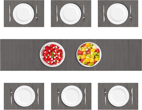 Woven Vinyl Table Runner and Placemats Set of 6 for Kitchen Dining Table Wipe Clean Washable PVC Table Runner Dark Grey (1 Table Runner and 6 Placemats)