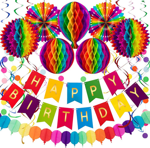 Whaline Colourful Birthday Decorations Hot-air Balloon Fiesta Hanging Paper Fans Hanging Swirl Polka Dot String Pom Poms Flowers Happy Birthday Banner Paper Garland for Birthday Decor Party 20Pcs