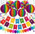Whaline Colourful Birthday Decorations Hot-air Balloon Fiesta Hanging Paper Fans Hanging Swirl Polka Dot String Pom Poms Flowers Happy Birthday Banner Paper Garland for Birthday Decor Party 20Pcs