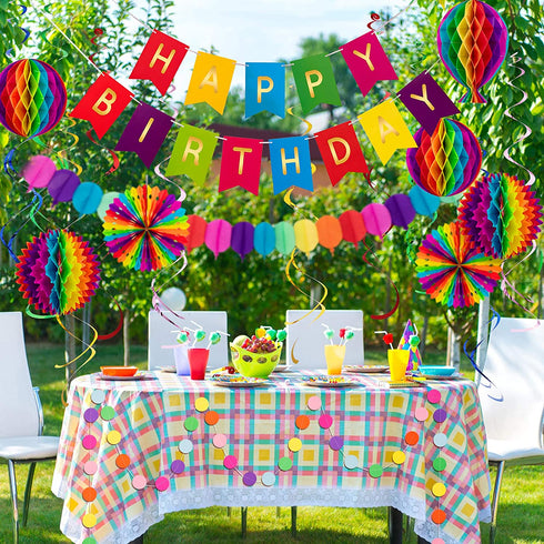 Whaline Colourful Birthday Decorations Hot-air Balloon Fiesta Hanging Paper Fans Hanging Swirl Polka Dot String Pom Poms Flowers Happy Birthday Banner Paper Garland for Birthday Decor Party 20Pcs