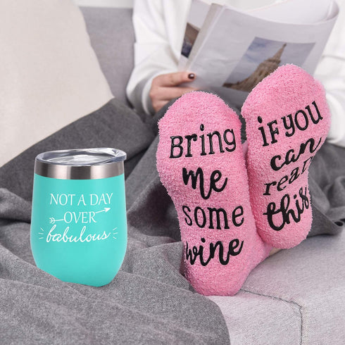 Wine Tumbler Cupcake Wine Socks Set, Ideas for Girlfriend Lover Women Girl, Not a Day Over Fabulous 12Oz Stainless Steel Tumbler, Socks, Bottle Opener, Wine Stopper, Mint