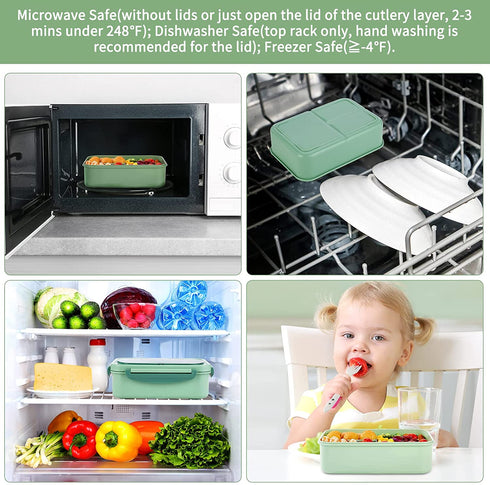 Bento Lunch Box for Kids and Adults with 3 Compartment Leak Proof Lunch Boxes for Men Women Food Containers with Spoon Fork Knife Chopsticks - 1400 ML (Green)