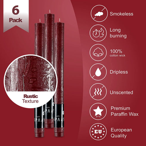 SPAAS Rustic Wine Red Candlesticks - 10" Tall Red Candles, Set of 6 Rustic Candles - Unscented Long Burning Decorative Candles for Christmas Home Decoration, Table Candles, Party, Wedding, and Holiday