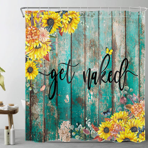 LB Rustic Sunflower Shower Curtain, Modern Farmhouse Yellow Floral Funny Quotes Get Naked Shower Curtains, Country Style Vintage Flower Wooden Boards Bathroom Curtains Set with Hooks, 72X72 Inches
