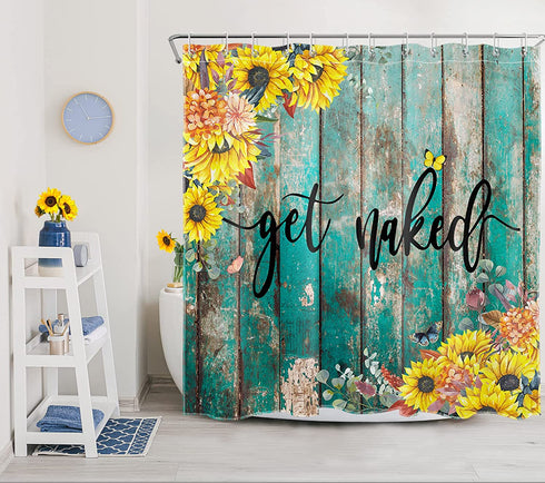 LB Rustic Sunflower Shower Curtain, Modern Farmhouse Yellow Floral Funny Quotes Get Naked Shower Curtains, Country Style Vintage Flower Wooden Boards Bathroom Curtains Set with Hooks, 72X72 Inches