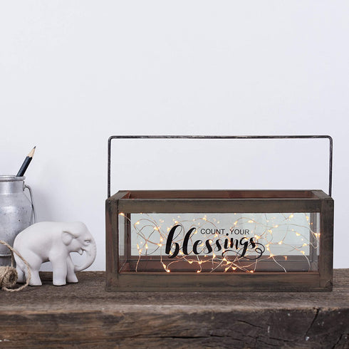 Stonebriar Count Your Blessings Rustic Rectangular Wood and Glass Tray Rail Candle Holder with Sentiment Saying, Brown