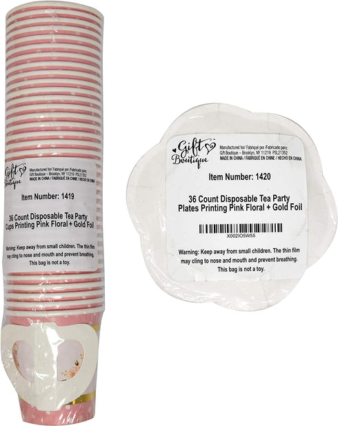 36 Disposable Tea Party Cups 5 oz 3" 36 Saucers 5" Paper Floral Shaped Plate Teacup Set with Handle for Kids Girls Mom Coffee Mugs Wedding Birthday Baby Bridal Shower Gold Foil & Pink Table Supplies