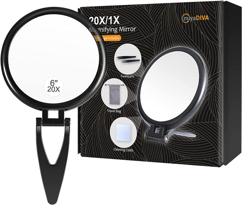 6 Inch 20X Magnifying Mirror, Hand Mirrors with Handle, Portable Travel Mirror for Women, Foldable, Handheld, Double Sided, Black