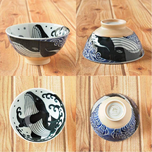 Minoru Touki White Wave Whale Blue Ceramic Rice Bowl Small φ4.72×H2.4in 5.64oz Made in Japan