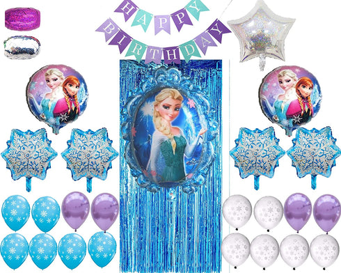 Frozen Birthday Party Supplies. Elsa and Anna Balloon Bouquet. Snowflakes Balloon. Metallic Tinsel Foil Fringe. 28pc party decoration kit.