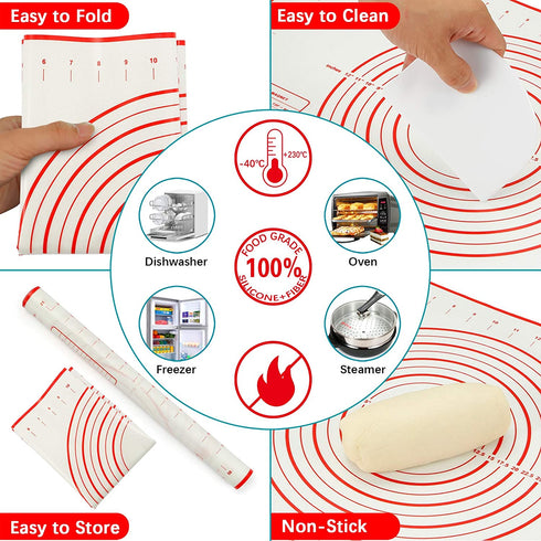 Rolling Pin with Adjustable Thickness Rings Stainless Steel 17.5" Dough Roller, 24"x16" Nonstick Silicone Pastry Mat Bench Dough Scraper Pizza Cutter Cake Smoothers Set for Baking Cookie Fondant Pie