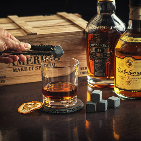 Whiskey Stones Gift Set for Men | Whiskey Glass and Stones Set with Rustic Wooden Crate, 8 Granite Whiskey Rocks Chilling Stones, 10oz Whiskey Glasses | Whiskey Gift for Men, Dad, Husband, Boyfriend
