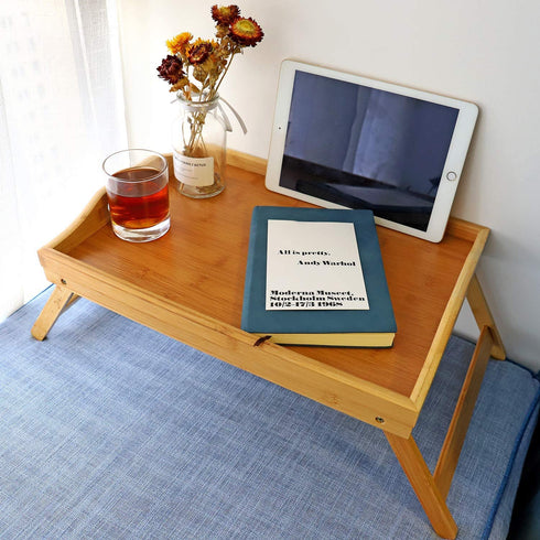 Bamboo Bed Tray,Breakfast Tray with Folding Legs Serving Tray with Carrying Handles Portable Lap Tray Lightweight Decorative Tray Food Tray for Breakfast in Bed,Reading or Working (17.1 Inch)