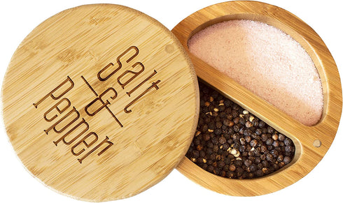 Totally Bamboo Salt Keeper Duet Salt and Pepper Bowl, Salt Cellar and Storage Box with Two Compartments, Magnetic Swivel Lid, Salt and Pepper Engraved Artwork on Lid