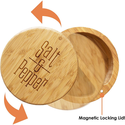 Totally Bamboo Salt Keeper Duet Salt and Pepper Bowl, Salt Cellar and Storage Box with Two Compartments, Magnetic Swivel Lid, Salt and Pepper Engraved Artwork on Lid