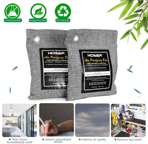 HIDBEA Activated Bamboo Charcoal Air Purifying Bags (4-Pack) Natural Deodorizer Odor Absorber Eliminator Remover for Home, Pets, Car, Closet, Shoes, 200g x 4, Gray