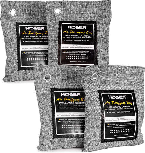 HIDBEA Activated Bamboo Charcoal Air Purifying Bags (4-Pack) Natural Deodorizer Odor Absorber Eliminator Remover for Home, Pets, Car, Closet, Shoes, 200g x 4, Gray