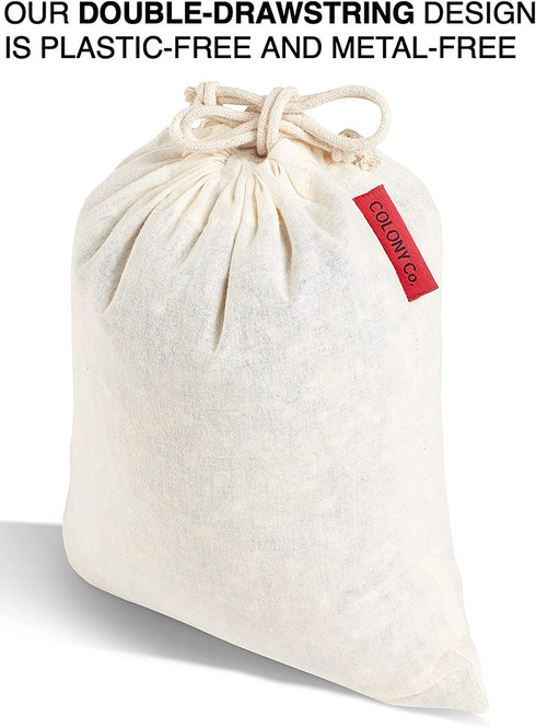 Colony Co. Reusable Bulk Food Bags, Set of 6 - Assorted Sizes, Certified Organic Cotton Muslin, Tare Weight Label, Washable, Double-Drawstring Design, Recyclable Packaging, Zero Waste