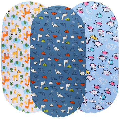 Bassinet Sheet Set 3 Pack Jersey Knit Ultra Soft Stretchy for Baby Boy Girl Compatible with Halo, MiClassic, Chicco Lullago Mattress Dinosaur Elephant Giraffe Rabbit Blue Yellow Green by Knlpruhk