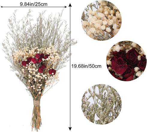 XYXCMOR Natural Dried Flowers Bouquet Real Touch Dried Roses with Stems Dried Baby's Breath Flowers with Dried Lavender Bundles for Wedding Home Farmhouse Table Centerpieces Vase Filler Decor