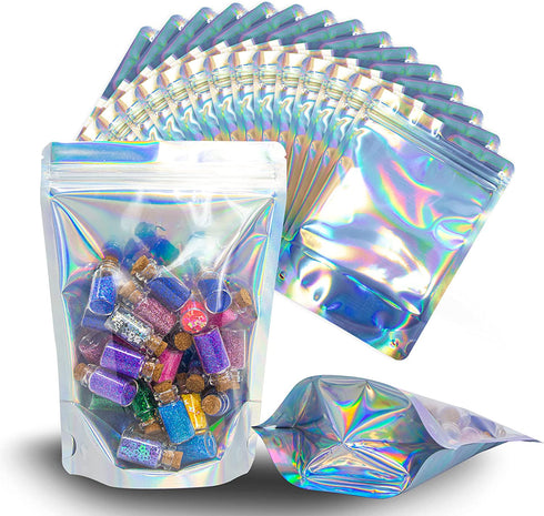 100 Pcs Holographic Resealable Mylar Bags - 5x7 Inch Smell Proof - Ziplock and Heat Sealable Stand Up Pouches - Use for Party Favors - Lip Gloss Packaging - Small Business Sample - WaldOaks
