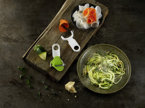 Kuhn Rikon Click-N-Curl Spiralizer Set with Swiss & Julienne Peelers, White/Orange/Green