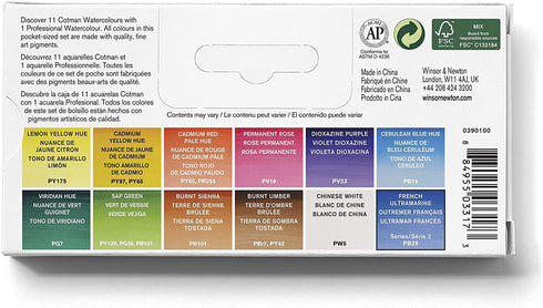 Winsor & Newton Cotman Water Colour Paint Sketchers' Pocket Box, Half Pans, 13 count (12 colors and a brush)