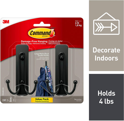 Command Large Wall Hooks, 2 Pack, Matte Black, Organize Damage-Free
