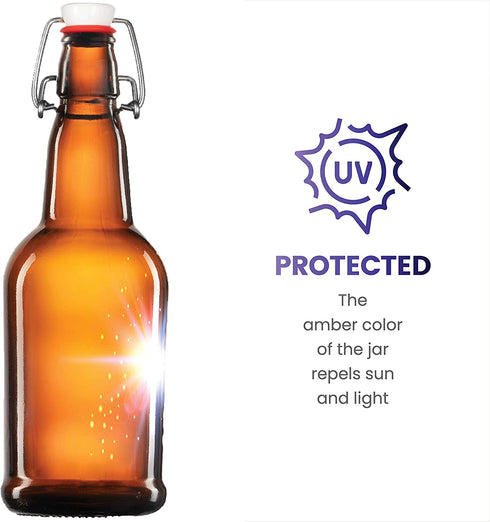 Amber Glass Swing Top Beer Bottles - 16-Ounce (6-Pack) Grolsch Bottles, with Flip-Top Airtight Lid, for Carbonated Drinks, Kombucha, 2nd Fermentation, Water Kefir, UV-Protection Brewing Bottle.