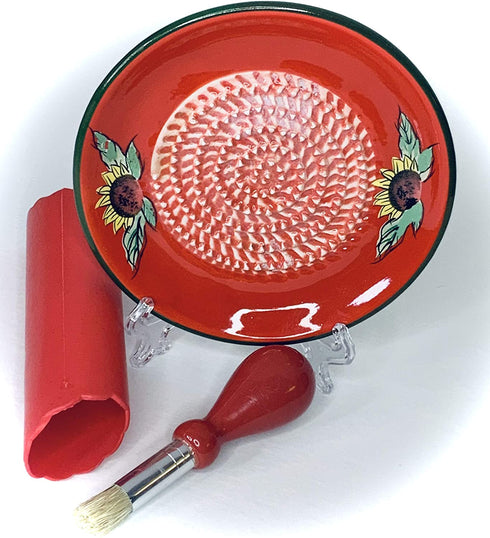 BonCera, All-in-one 4pcs Premium Ceramic Garlic Grater Set - HandMade, Red Sunflower Design Grater Plate w/Garlic Peeler, Gathering Brush, Display Stand, It's also grating Turmeric, Ginger, and more.