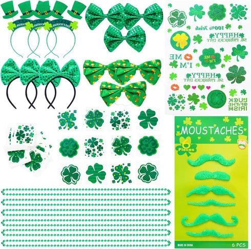 JOYIN 97PCS St. Patrick's Day Party Favor Accessories, 6 Serve Dressing-up Set, with Shamrock Hat Headband, Necklace, Bow Headband, Sequin Bow, Beards,Shamrock Tattoo,Sticker for Party Decoration