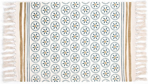 MARSAULE Boho Woven Cotton Floral Area Rug with Tassel, 2x3 feet Washable Decorative Mat with Fringe, Throw Rug for Home, Living Room, Kitchen Floor, Laundry Room, Bathroom