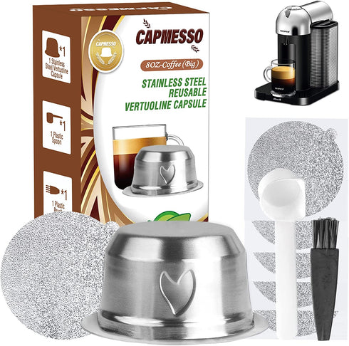 CAPMESSO Coffee Capsule, Refillable Vertuo Capsules Reusable Coffee Pod with Foil Lids Stainless Steel Compatible with Vertuoline GCA1,ENV135,Vertuo Plus(8oz pod+50 Foils)
