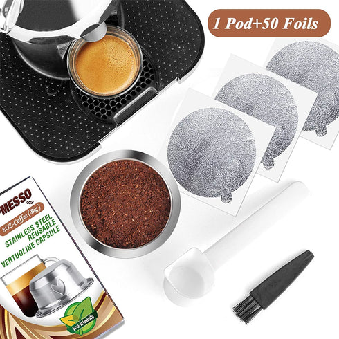 CAPMESSO Coffee Capsule, Refillable Vertuo Capsules Reusable Coffee Pod with Foil Lids Stainless Steel Compatible with Vertuoline GCA1,ENV135,Vertuo Plus(8oz pod+50 Foils)