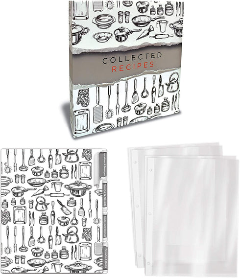 Recipe Binder, Full Page 3 Ring Standard Binder Organizer Set (with 50 Page Protectors & 12 Category Divider Tabs) by Better Kitchen Products, 11.5" x 12" Sleek Kitchen Design