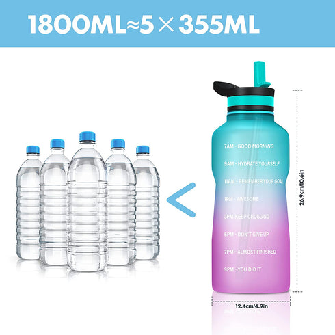 64oz Half Gallon Water Bottle with Time Marker, BUZIO Water Jug with Spout & Straw lid, BPA Free 1/2 Gallon Water Bottle with Straw & Handle for Fitness Outdoor, Ombre Green Pink Purple