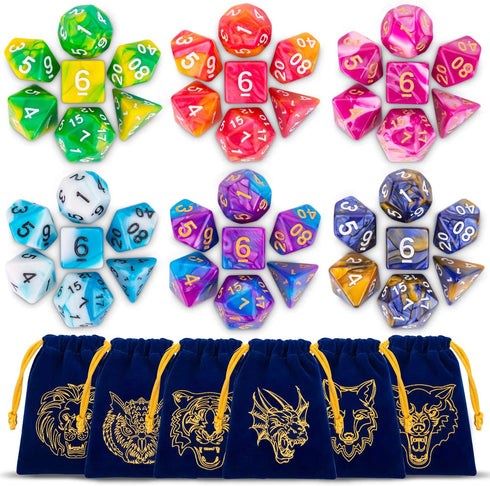 ESANDA DND Dice Set, 42pcs Polyhedral Dice D&D Dice with 6 Blue Drawstring Bags, 6 Complete Double-Colors Dice Sets for Dungeons and Dragons RPG MTG Table Games etc